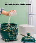 Durable Ceramic Rice Jar And Large Tea Storage Container With Massive Capacity For Keeping Coffee Beans Grain Flour And Cereal Fresh While Dropping Clean Looks On Your Counter, shown with grains being poured.