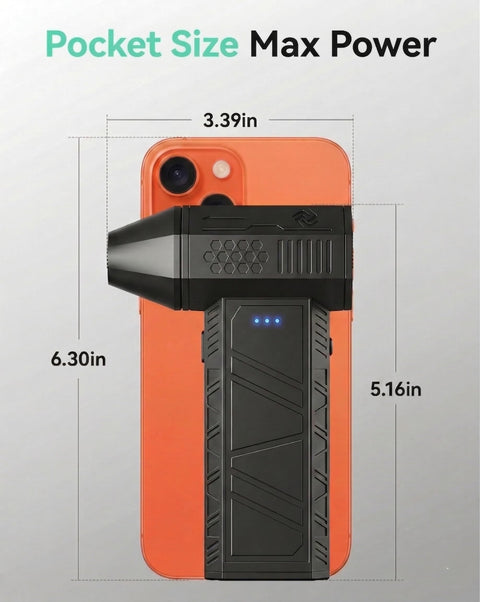 Cordless Air Duster With 110000 RPM Brushless Motor, Rechargeable 3 Gear Keyboard Cleaner shown against smartphone for size
