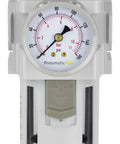 Front view of PneumaticPlus SAW400-N04BG air filter regulator piggyback with gauge and poly bowl