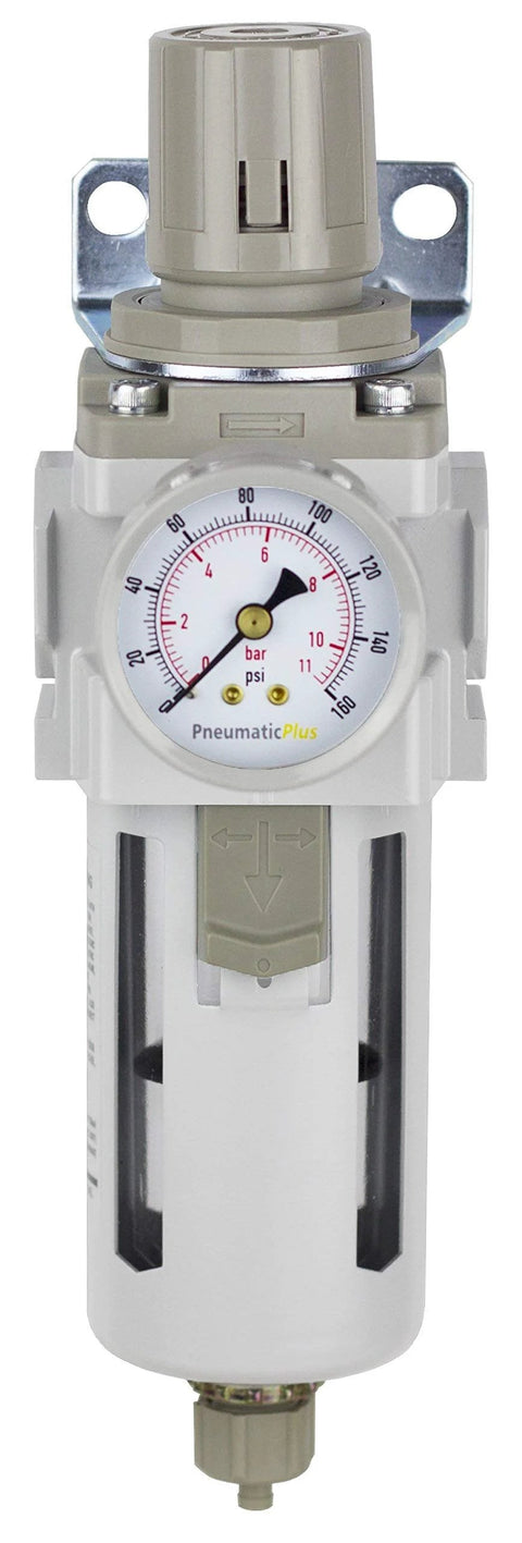 Front view of PneumaticPlus SAW400-N04BG air filter regulator piggyback with gauge and poly bowl