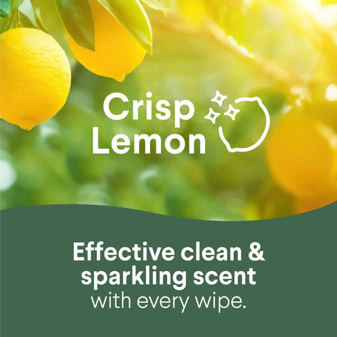 Allergy Season Disinfecting Wipes Bleach Free Multi Surface Cleaner Antibacterial Fresh Scent Crisp Lemon 75 Count Each Pack Of 3 Kills 99.9 Percent Of Viruses And Bacteria Including COVID 19 For Quick Easy Cleanups promotional image with lemons.