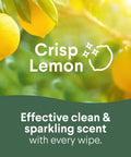 Image of vibrant lemons with text highlighting crisp scent of Disinfecting Cleaning Wipes With Sparkling Lemon Scent Antibacterial.