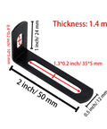 Heavy Duty Black L Brackets For Garage Shelving Rock Solid Adjustable Right Angle Corner Fasteners With Complete Screw Set Killer Strength Corner Brace Support 10 Pack, detailed size measurements.