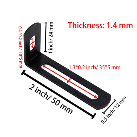 Heavy Duty Black L Brackets For Garage Shelving Rock Solid Adjustable Right Angle Corner Fasteners With Complete Screw Set Killer Strength Corner Brace Support 10 Pack, detailed size measurements.