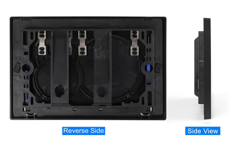 Reverse and side view of Jet Black Gloss Dual Flush Actuator Plate For Concealed Cisterns, Wall Mount Push Button, Easy Install