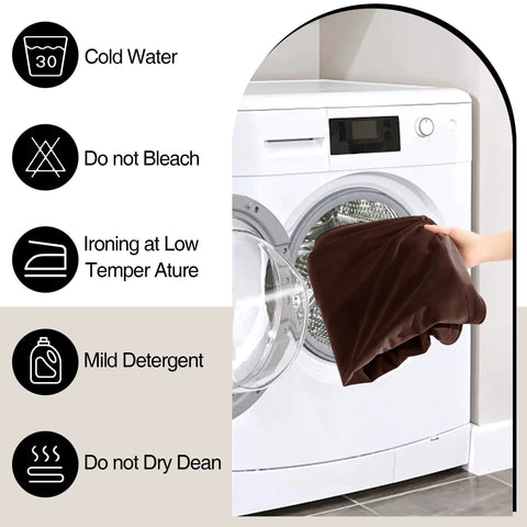 Care instructions for Ultra Thick Recliner Seat Cushion For Seniors, 20 X 20 Inch Raised Chair Pad displayed near a washing machine.