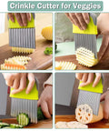 FANTEXY crinkle cutter with stainless steel blades and lime-green handle, slicing potatoes and cucumbers.