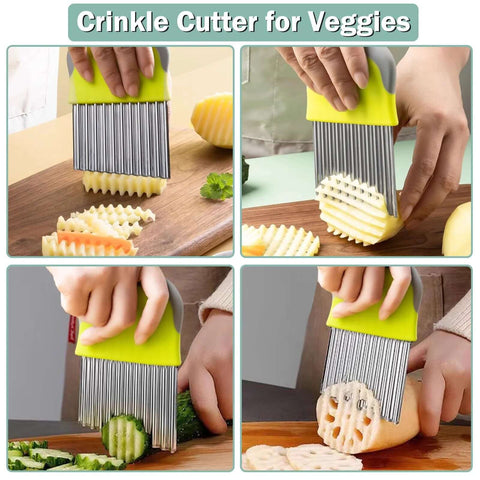 FANTEXY crinkle cutter with stainless steel blades and lime-green handle, slicing potatoes and cucumbers.