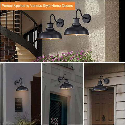 Outdoor Barn Lights 4 Pack Rustic Farmhouse Wall Sconces With Matte Black Finish And Gold Interior Industrial Exterior Lanterns installed on walls
