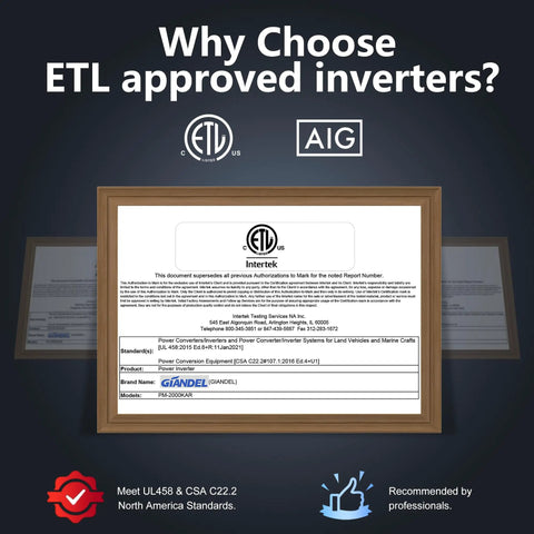 ETL certification document for Badass 2000 Watt Power Inverter 12V DC To 110V AC with standards and brand information.