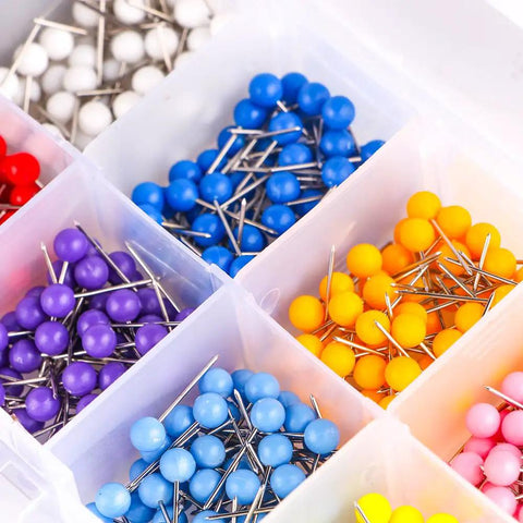 Kickass Bulk Supply Of 600 Heavy Duty Map Tack Push Pins Featuring Smooth Plastic Bead Heads And Vibrant Assorted Colors For Bulletin Boards And Classroom Organization in organized compartments.