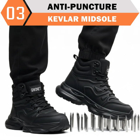 Mens Steel Toe Work Boots Waterproof Safety Shoes for Job Sites, Rugged All Day Comfort, ASTM F2413-18 Certified, showing anti-puncture Kevlar midsole.