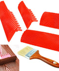 Five Piece Soft Rubber Wood Graining Tools Set For DIY Painting showing red rubbers and brush creating wood texture