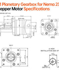 Technical diagram of Five To One Planetary Gearbox For Nema 23 Stepper Motor, showing dimensions and specifications.