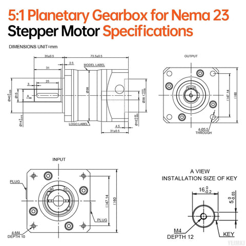 Technical diagram of Five To One Planetary Gearbox For Nema 23 Stepper Motor, showing dimensions and specifications.
