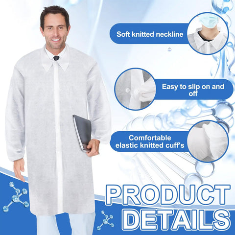 50 Pack Disposable Lab Coats For Adults White Large Bulk With Knitted Cuffs And Collar Ideal For Science Labs Medical Testing Food Prep And Party Themed Events