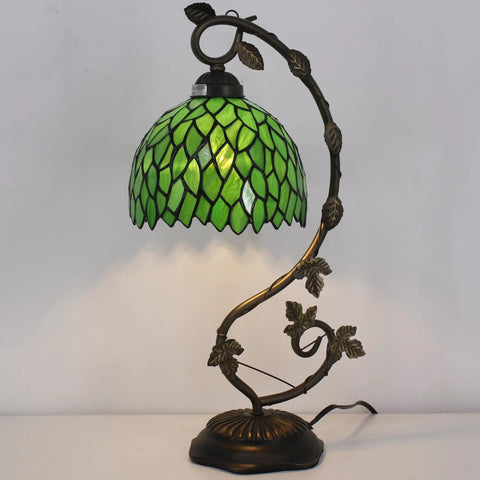 Green Tiffany Style Stained Glass Desk Lamp With Wisteria Pattern, 21 Inch Tall Table Light, Metal Leaf Base In Bronze Finish