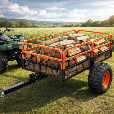 Heavy Duty Utility Trailer With 1500 Lb Load Capacity For Farm Hauling Lawn Mower And ATV UTV Towing Built From Solid Steel loaded with firewood