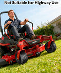 Person mowing lawn with zero-turn mower, Flat Free Lawn Mower Tire and Wheel Set 11 By 6.00 By 5 Front Solid Tires for Zero Turn Mowers.