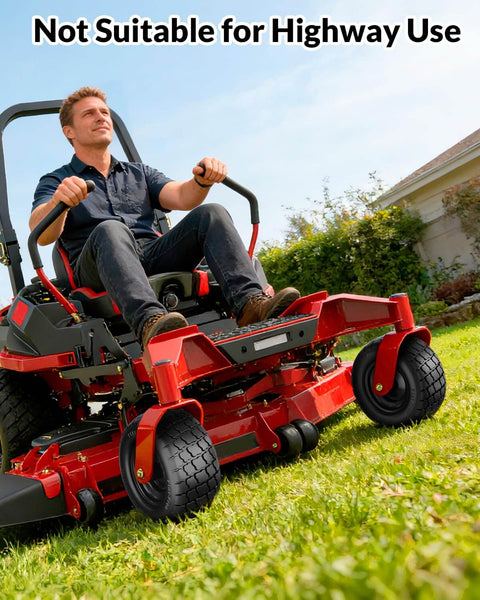Person mowing lawn with zero-turn mower, Flat Free Lawn Mower Tire and Wheel Set 11 By 6.00 By 5 Front Solid Tires for Zero Turn Mowers.