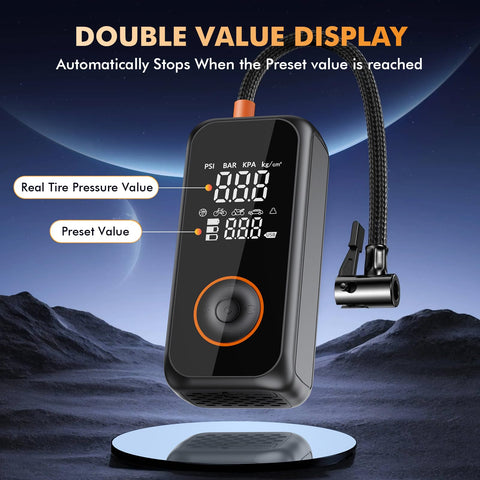 Cordless Tire Inflator With 150 PSI Capacity, 3X Faster Air Pump, Digital Gauge, Auto Off, LED Light featured on display