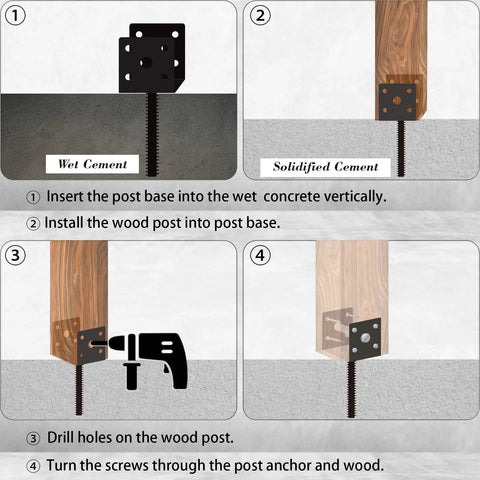 Step-by-step installation of U Shape Fence Post Holder 4x4 Inch Post Anchor Pack Of 4 With Screws And Nuts for concrete deck posts.