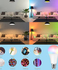 Living room with Color Changing Light Bulbs 5W A19 RGB LED With Remote Control showing 16 colors, E26 base, on/off cycles.