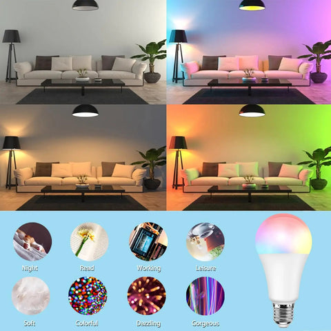 Living room with Color Changing Light Bulbs 5W A19 RGB LED With Remote Control showing 16 colors, E26 base, on/off cycles.