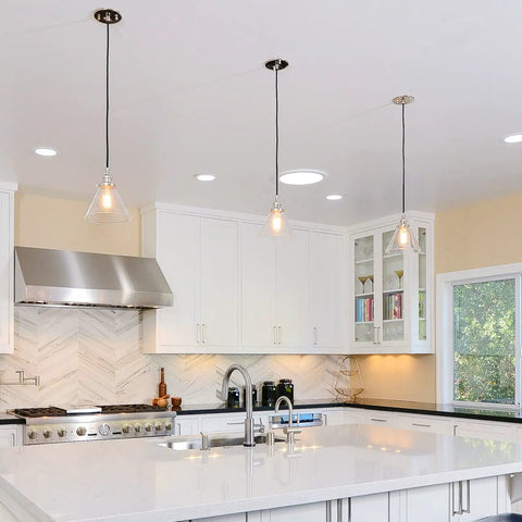 Dimmable Vintage LED Edison Bulbs Pack Of 4 installed in modern kitchen pendant lighting.