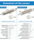 Datasheet showing specs for M8 flush and non-flush capacitive proximity sensor suitable for metal pipe applications.