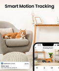 2K Indoor Security Camera With 360 Degree Pan Tilt, 2.4Ghz WiFi, Two Way Audio monitoring cat on armchair with alert screen