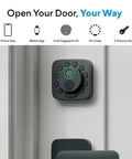 Heavy Duty Wireless Smart Deadbolt Featuring Slick Touch Interface And Hella Secure Biometric Scanning Plus No Sweat Wifi Pairing For Rock Solid Home Safety Upgrades mounted on a door, showcasing touchscreen and fingerprint ID.