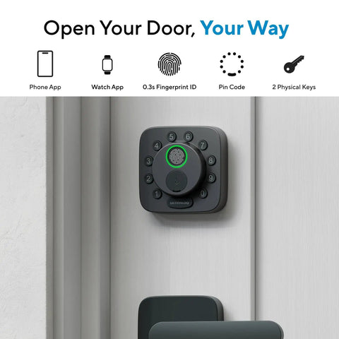 Heavy Duty Wireless Smart Deadbolt Featuring Slick Touch Interface And Hella Secure Biometric Scanning Plus No Sweat Wifi Pairing For Rock Solid Home Safety Upgrades mounted on a door, showcasing touchscreen and fingerprint ID.