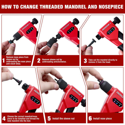 Step-by-step guide for changing mandrel on 8 Inch Rivet Nut Gun Kit For Tight Spaces With 3 Mandrels 8-32 10-24 1/4-20 And 3 Drill Bits 75 Rivnuts In Sturdy Case No Fuss Auto Body And Metal Projects Great For DIY Enthusiasts.