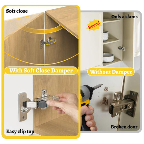 10 Pack Soft Close Motion Damper Mechanisms For Full Overlay Hinges Smooth Slow Straight Arm Clip Top Retrofitting Easy Install Attachment Concealed Cabinet Door Replacement Hardware Upgrade, nickel cabinet hinge