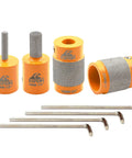 Stained Glass Grinder Bits Set with Diamond Heads in 1/8 inch, 1/4 inch, 3/4 inch and 1 inch core, brazed diamond grinder bits for glass crafting, tough steel body, great for detailing and smoothing edges.