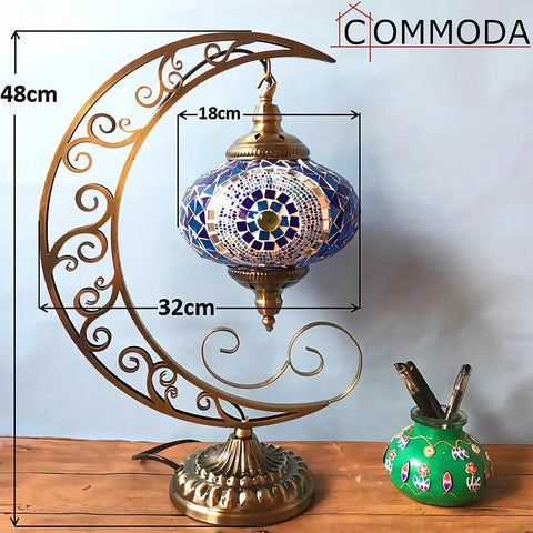Dope Moon Shaped Mosaic Stained Glass Table Lamp In Blue Handmade Turkish Moroccan Tiffany Style Nightstand Light Turquoise Blue Glass Artwork