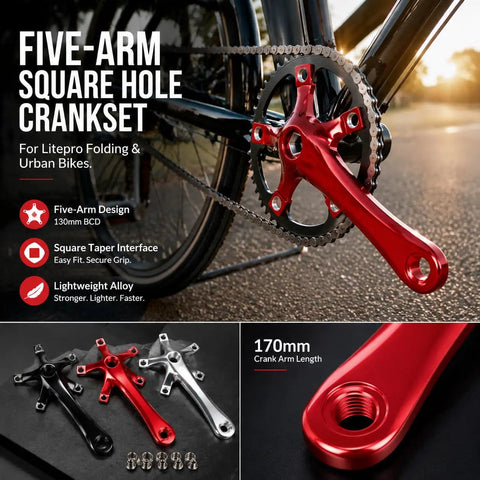 Litepro Folding Bike Crankset Ultra Lightweight Hollow Square 170mm Aluminum Alloy 130BCD Chainwheel on bike