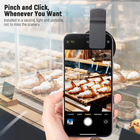 Person using 52mm CPL Filter Clip On Kit For Phone With Case And Cleaning Cloth Polarizing Lens Reduces Glare And Boosts Colors