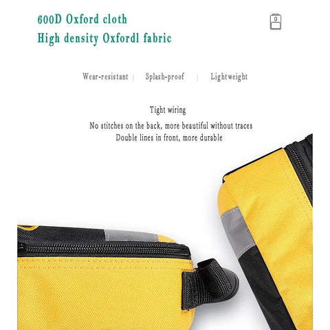 AED defibrillator pouch, yellow two-layer storage bag with reflective strips and zip closure, front view