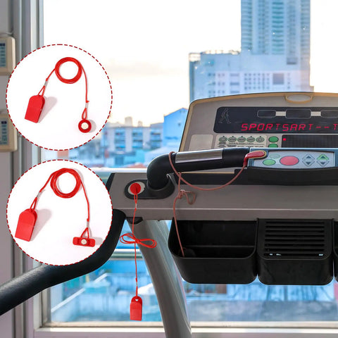 Two Pack Universal Treadmill Magnetic Safety Keys Red Emergency Stop Clips shown on a treadmill console with round and rectangular styles