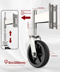 Detailed view of Eight Inch Heavy Duty Fence Gate Wheel With Spring Loaded Shock Absorber For Metal Tube Gates, adjustable design.