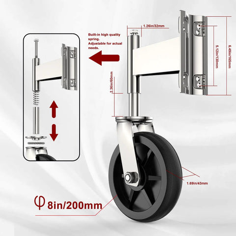 Detailed view of Eight Inch Heavy Duty Fence Gate Wheel With Spring Loaded Shock Absorber For Metal Tube Gates, adjustable design.