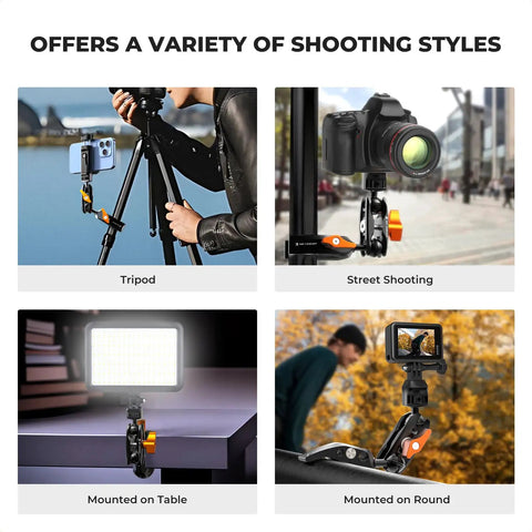 Heavy Duty Camera Clamp Mount with Two 360 Degree Ball Heads Magic Arm for DSLRs on table and tripods for versatile mounting.