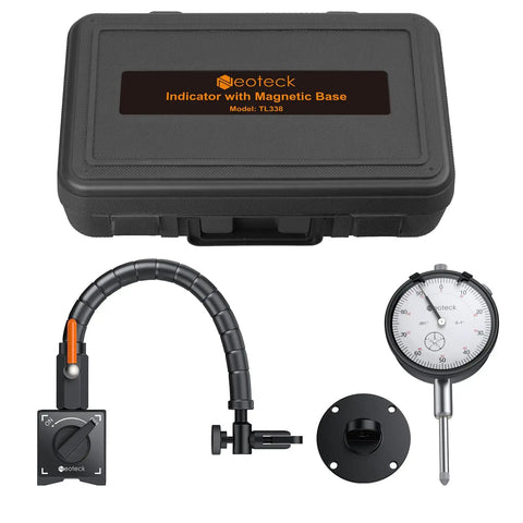 High-Precision 0 To 1 Inch Dial Indicator With 0.001 Inch Readout, 13.5 Inch Flexible Arm, 176 Lbs Magnetic Base shown with case