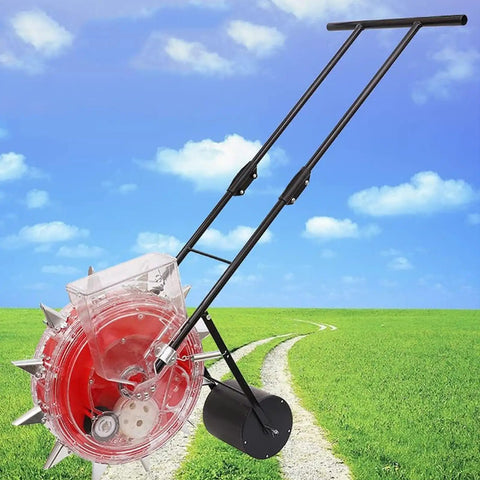 Handheld Manual Garden Seeder With Seven Port Seed Dispenser on pathway in grassy field