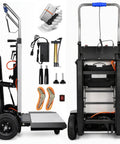 Powerful Electric Stair Climbing Hand Truck With Heavy Duty Rubber Tracks And Adjustable Tray For Moving Furniture Up Stairs Fast Plus Lithium Battery Safety Rope Gear with accessories including charger and safety rope.