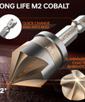 Durable M2 Cobalt HSS Countersink Drill Bit Set, 6 Pieces, One Quarter Inch Quick Change Hex Shank, close-up view