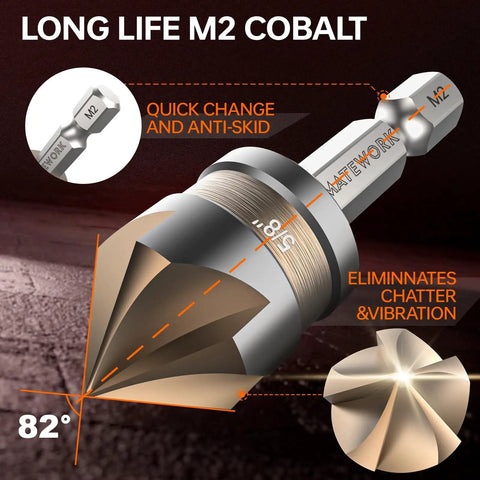 Durable M2 Cobalt HSS Countersink Drill Bit Set, 6 Pieces, One Quarter Inch Quick Change Hex Shank, close-up view