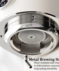 Close-up of the metal brewing head on the Straight Up Home Barista Dream Machine featuring durable design and precision control.